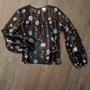 Black mesh floral long sleeve top